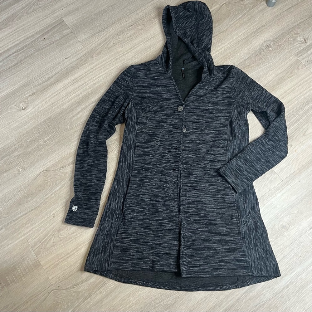 Woman’s Kuhl Black and Gray Striped Wool Blend Cardigan Hoodie Sweater Sz Medium